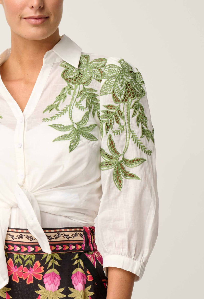 Once Was Callisto Cotton Slub Placement Embroidered Shirt - Ivory
