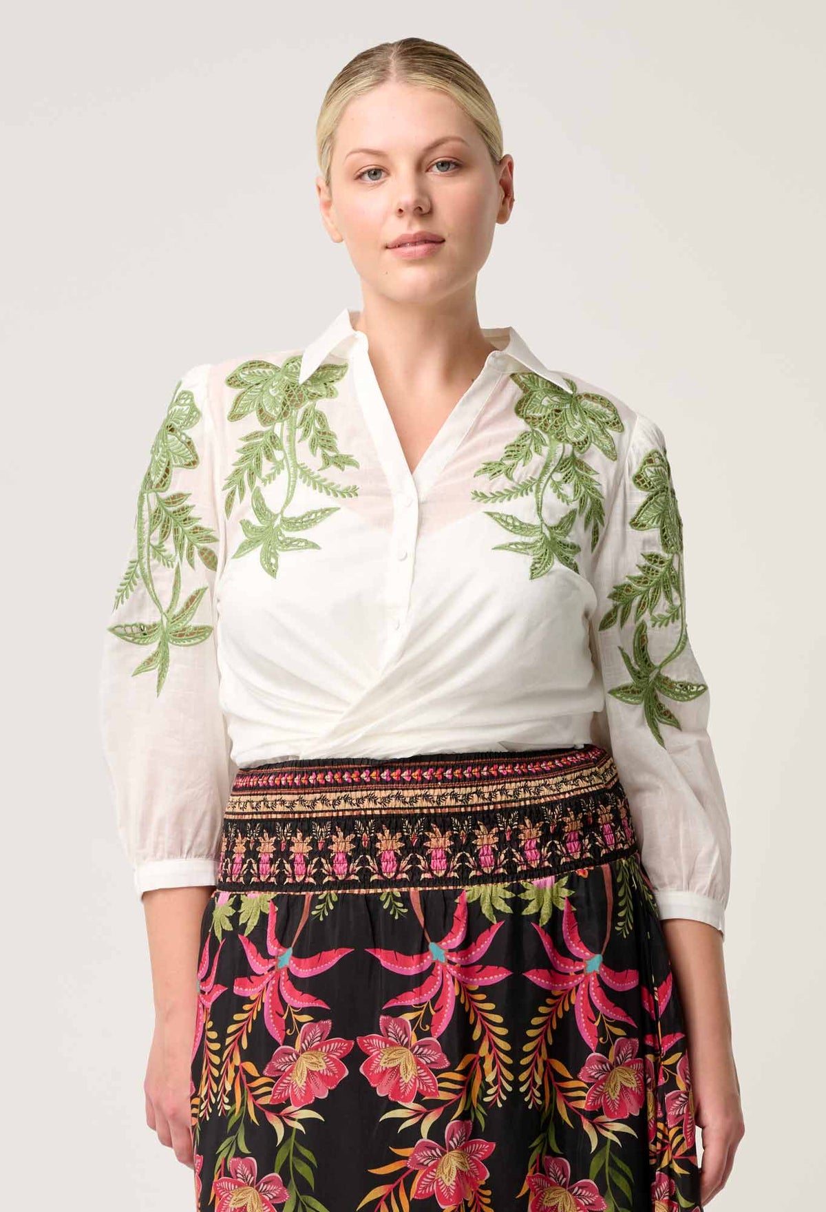Once Was Callisto Cotton Slub Placement Embroidered Shirt - Ivory