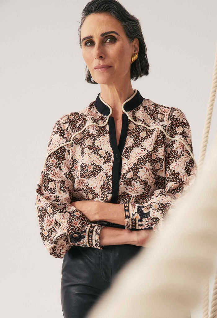 Once Was Harley Linen Rope Trim Detail Shirt - Russet Palm