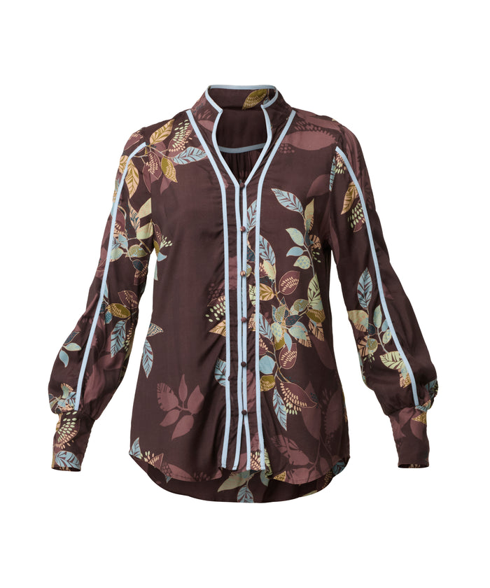 Once Was Asher Contrast Trim Viscose Faille Shirt - Ember Vines