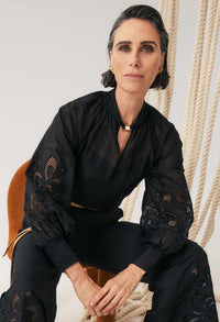 Once Was Simona Cotton Silk Gold Detail Embroidered Blouse - Black