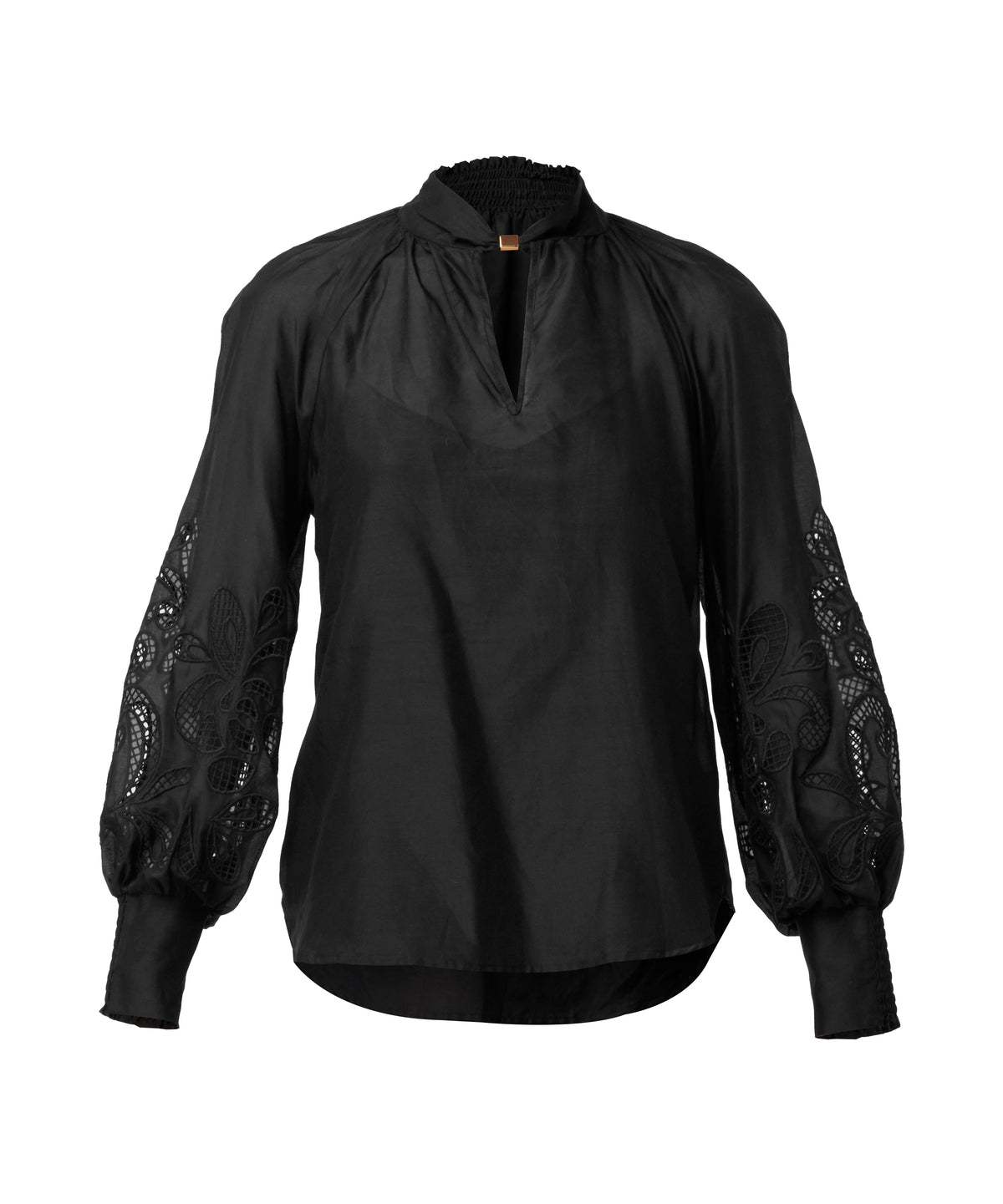 Once Was Simona Cotton Silk Gold Detail Embroidered Blouse - Black