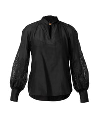 Once Was Simona Cotton Silk Gold Detail Embroidered Blouse - Black