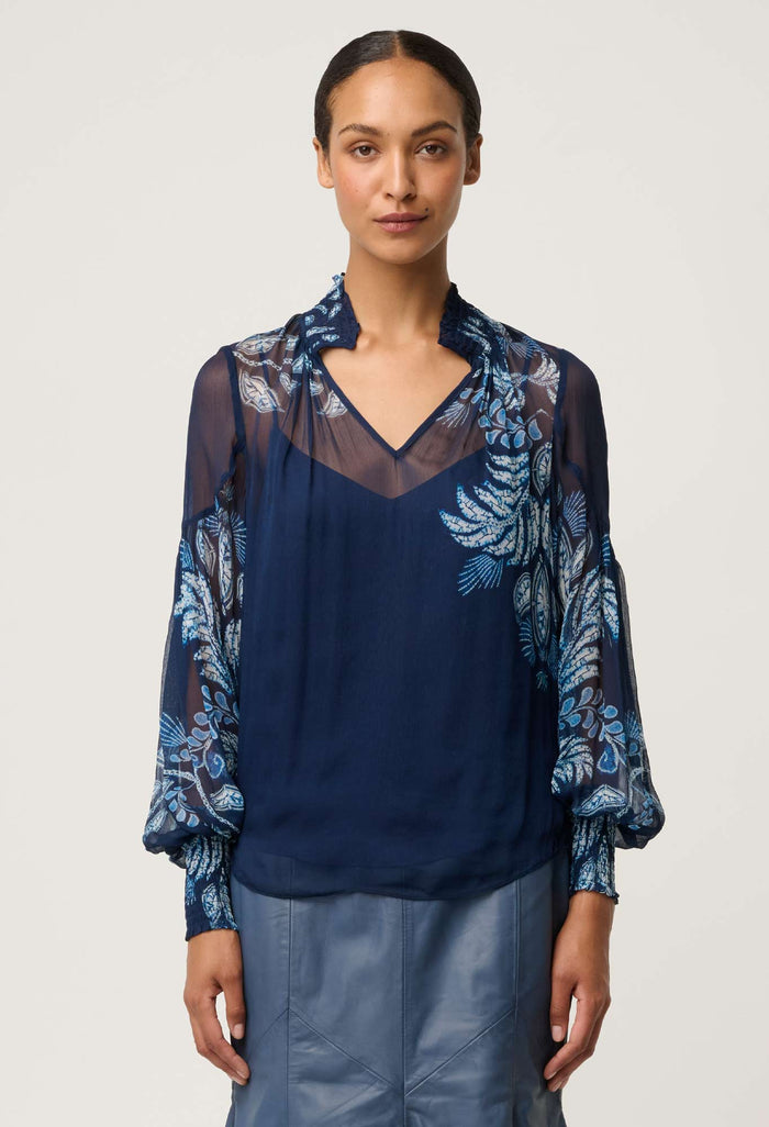 Once Was Colette Placement Print Shirred Collar Blouse - Moonlit Batik