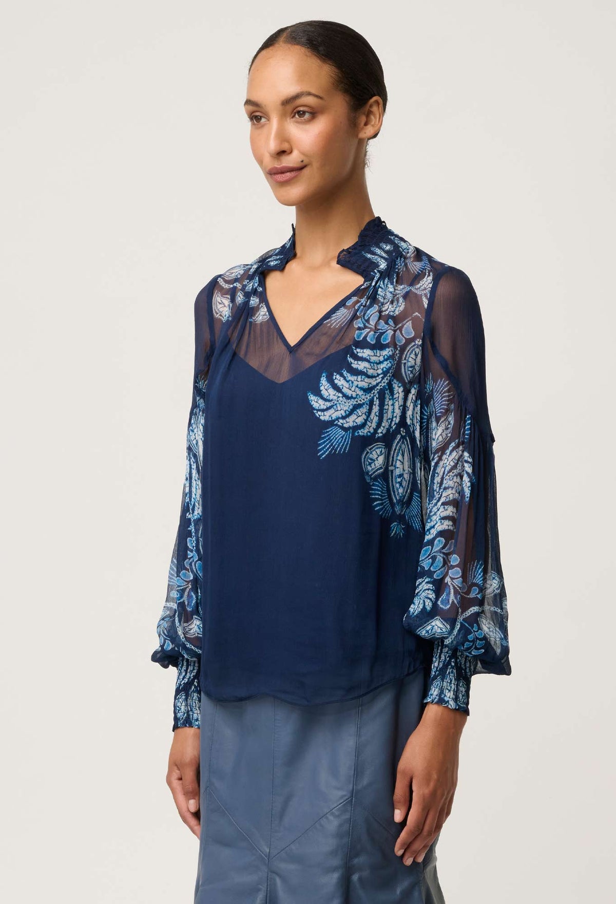Once Was Colette Placement Print Shirred Collar Blouse - Moonlit Batik