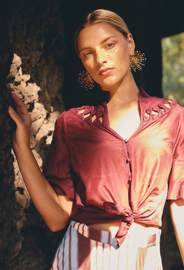 Once Was Coralie Cotton Silk Smock Detail Blouse - Garnet