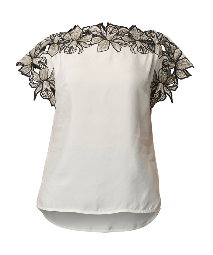 Once Was Eleanor Cupro Blend Embroidery Detail Wide Neck Top – Ivory