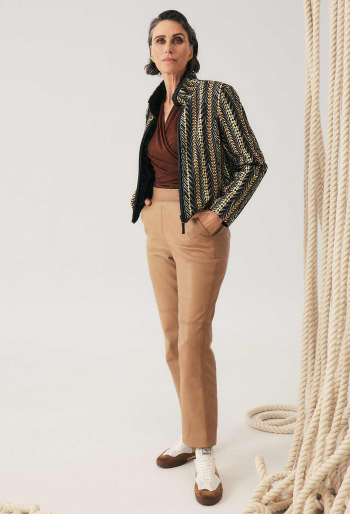 Once Was Montoya Cropped Leather Elasticated Waist Straight Leg Pant  - Wheat