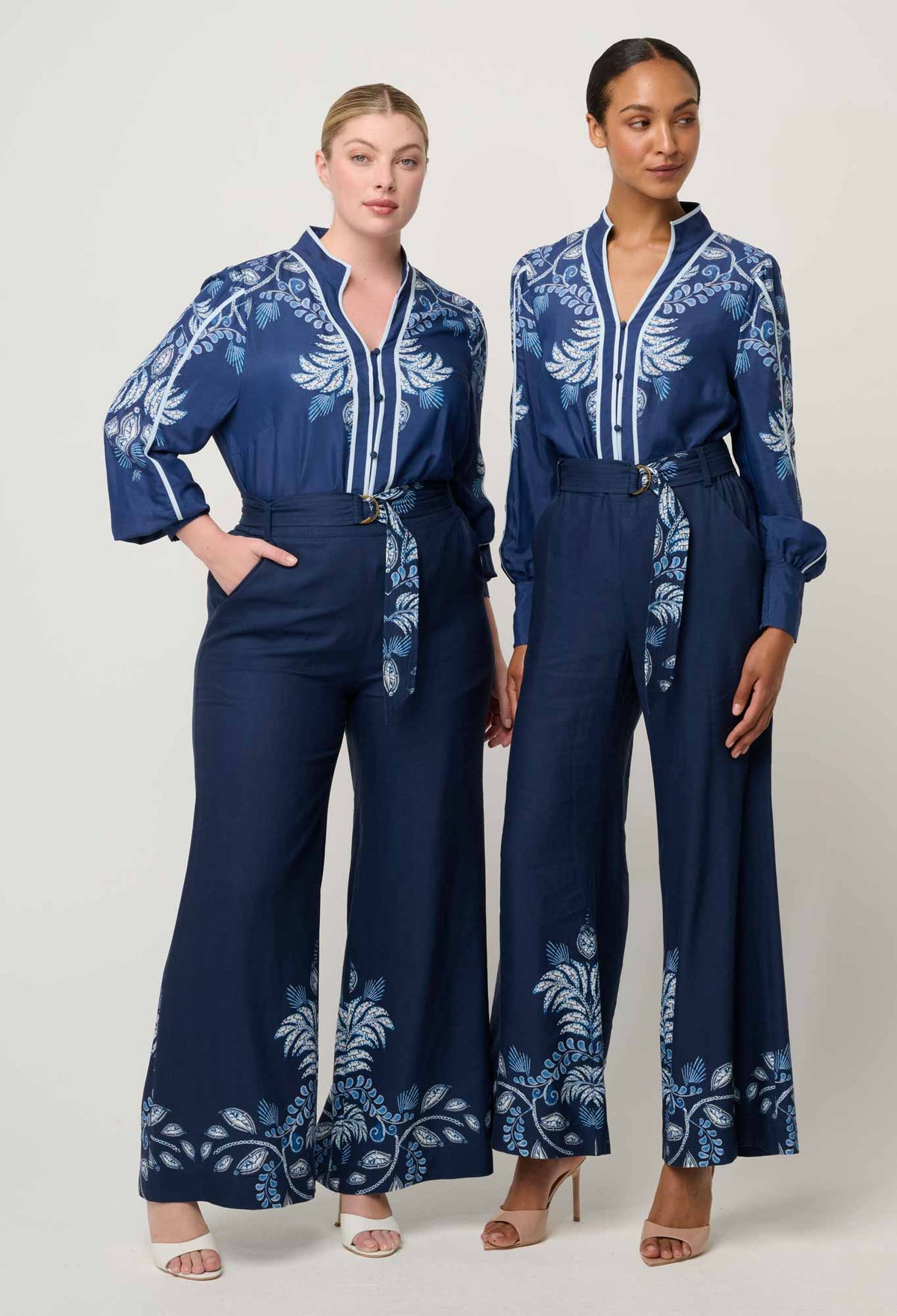 Once Was Sloane Linen Viscose Wide Leg Pant With D-Ring Belt - Moonlit Batik