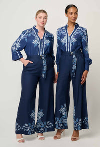 Once Was Sloane Linen Viscose Wide Leg Pant With D-Ring Belt - Moonlit Batik