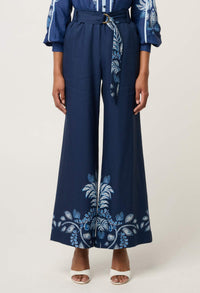 Once Was Sloane Linen Viscose Wide Leg Pant With D-Ring Belt - Moonlit Batik