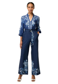 Once Was Sloane Linen Viscose Wide Leg Pant With D-Ring Belt - Moonlit Batik