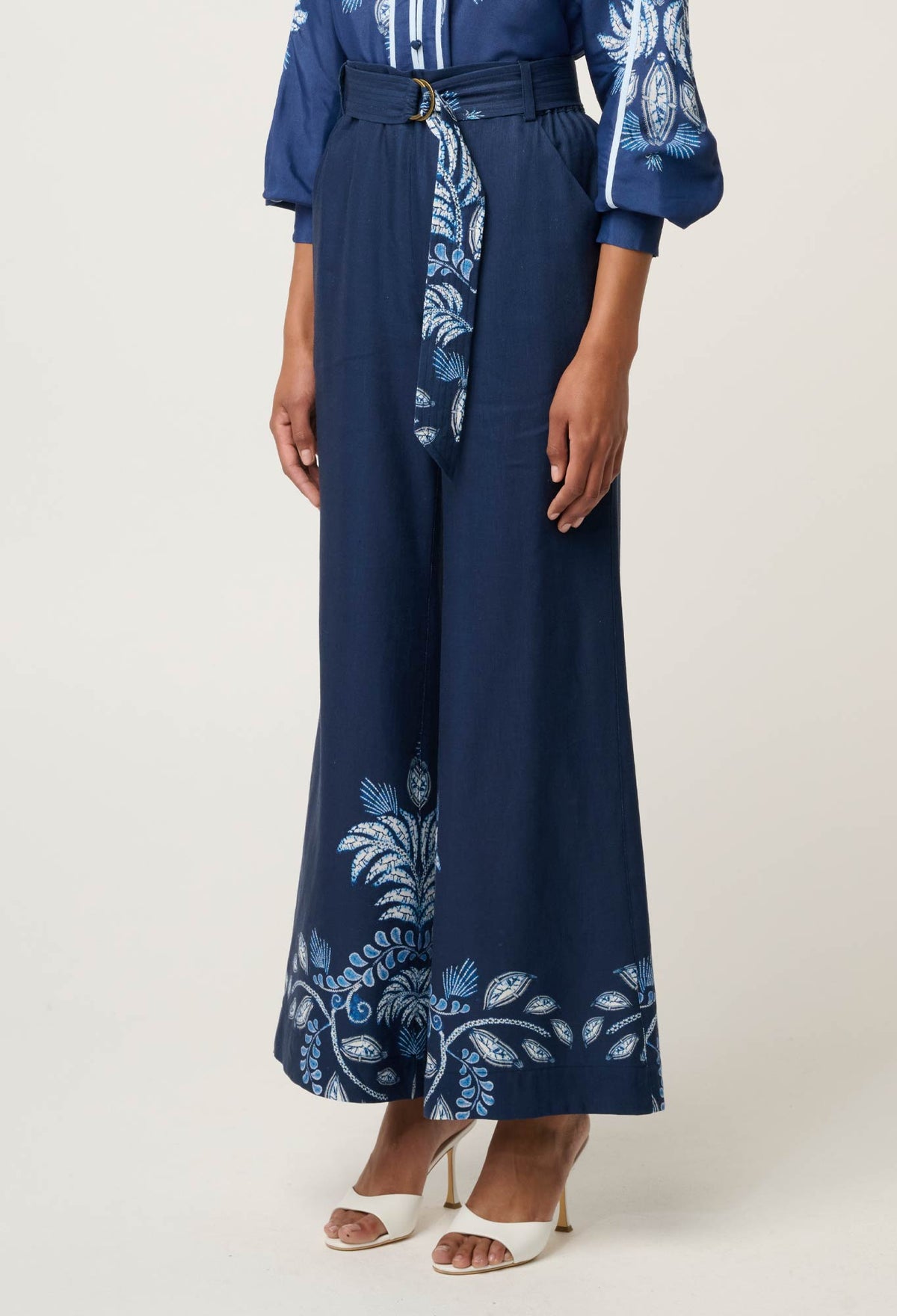 Once Was Sloane Linen Viscose Wide Leg Pant With D-Ring Belt - Moonlit Batik