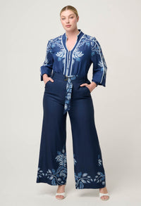 Once Was Sloane Linen Viscose Wide Leg Pant With D-Ring Belt - Moonlit Batik