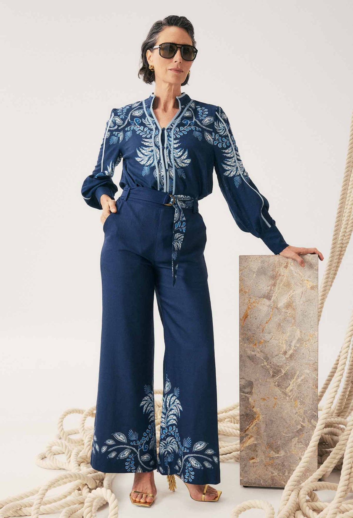 Once Was Sloane Linen Viscose Wide Leg Pant With D-Ring Belt - Moonlit Batik