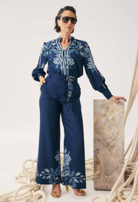 Once Was Sloane Linen Viscose Wide Leg Pant With D-Ring Belt - Moonlit Batik