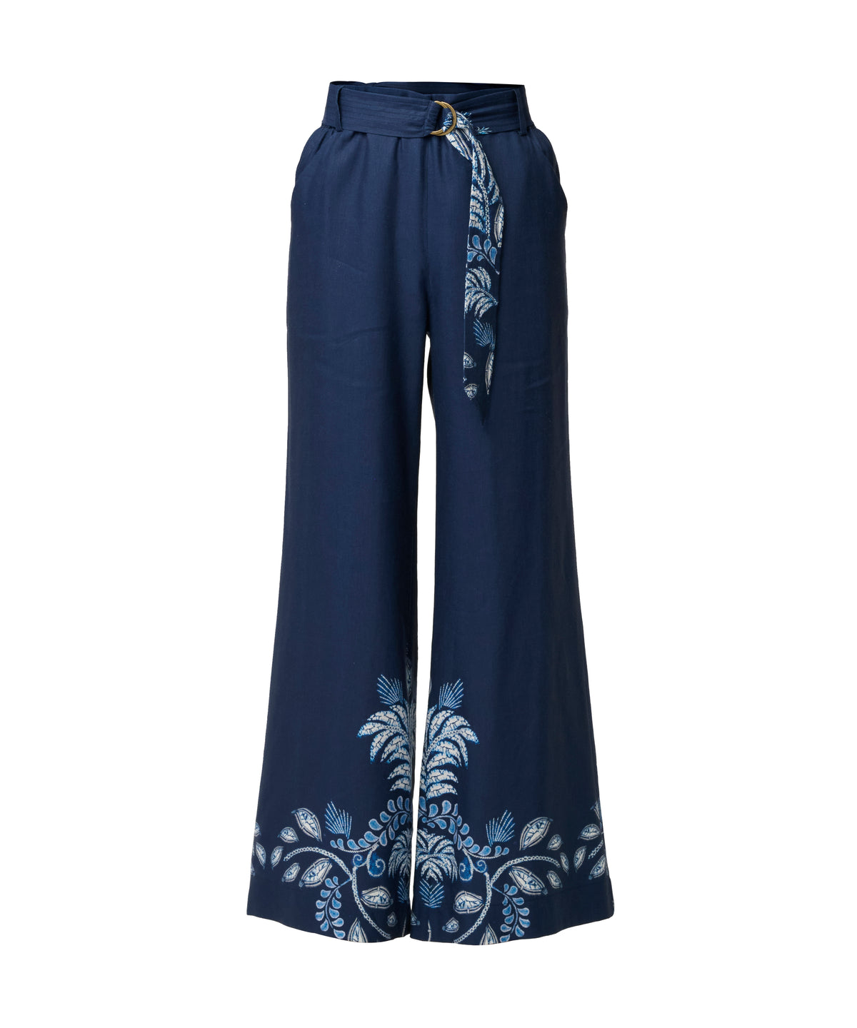Once Was Sloane Linen Viscose Wide Leg Pant With D-Ring Belt - Moonlit Batik