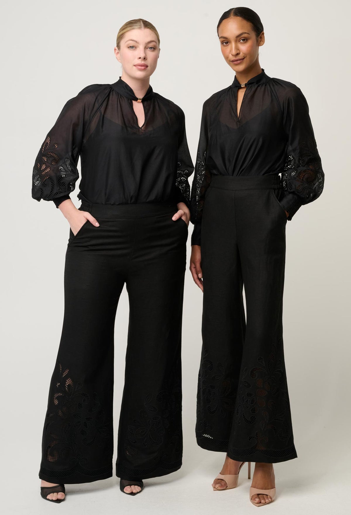 Once Was Rhea Linen Viscose Placement Embroidered Pant - Black