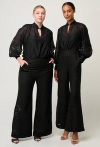 Once Was Rhea Linen Viscose Placement Embroidered Pant - Black