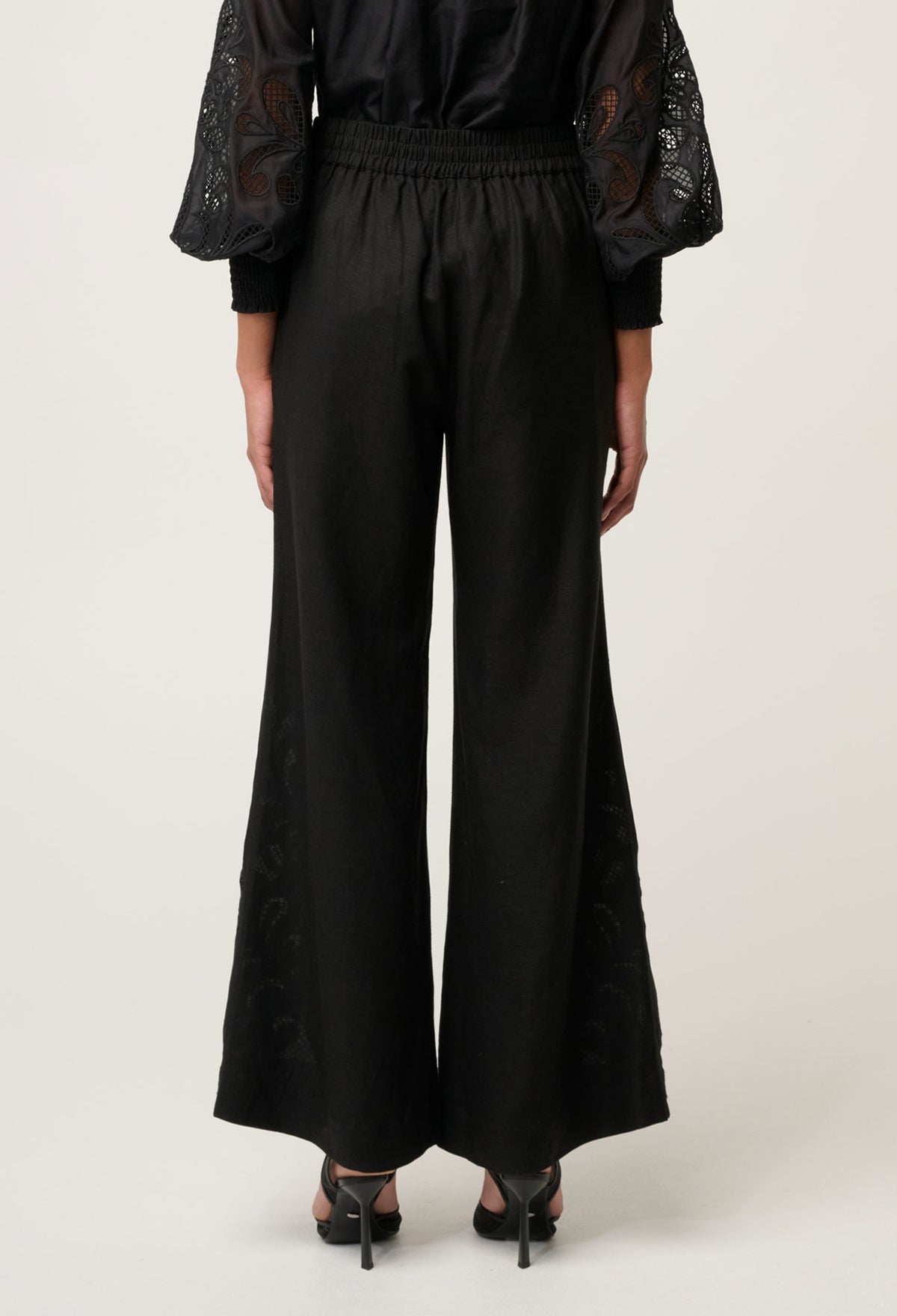 Once Was Rhea Linen Viscose Placement Embroidered Pant - Black