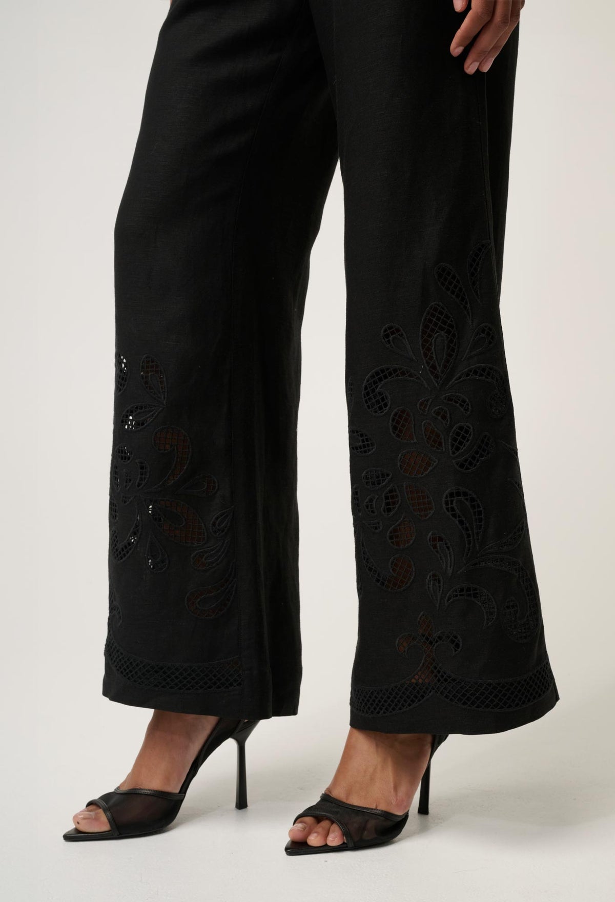 Once Was Rhea Linen Viscose Placement Embroidered Pant - Black