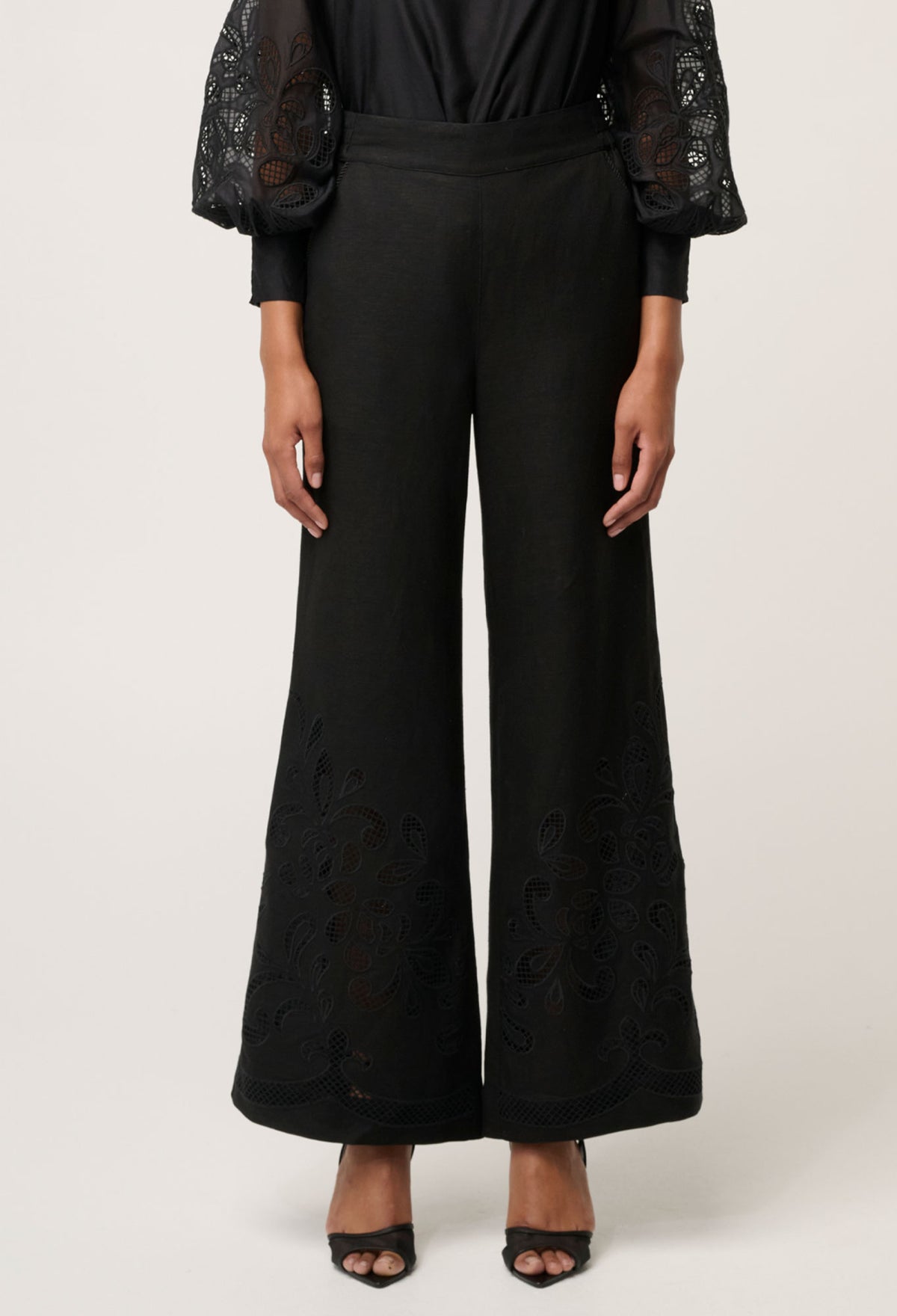 Once Was Rhea Linen Viscose Placement Embroidered Pant - Black