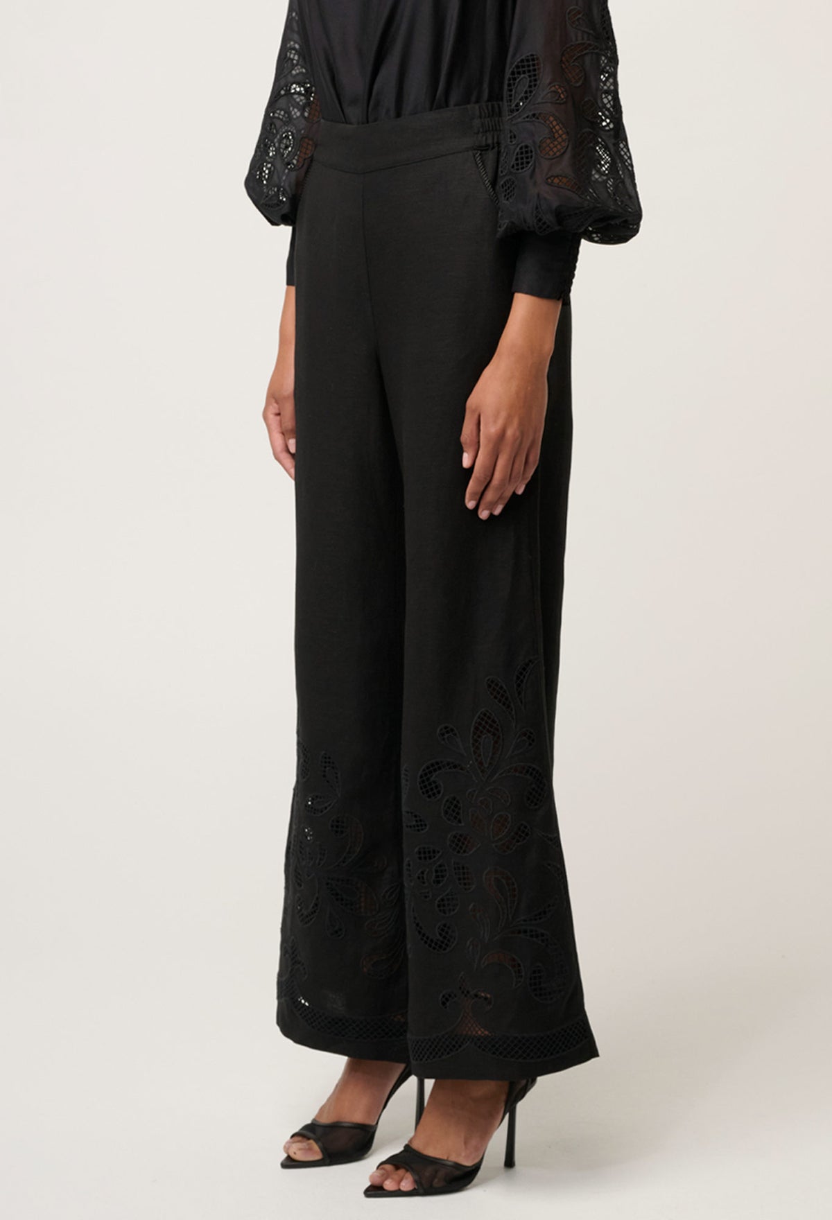 Once Was Rhea Linen Viscose Placement Embroidered Pant - Black
