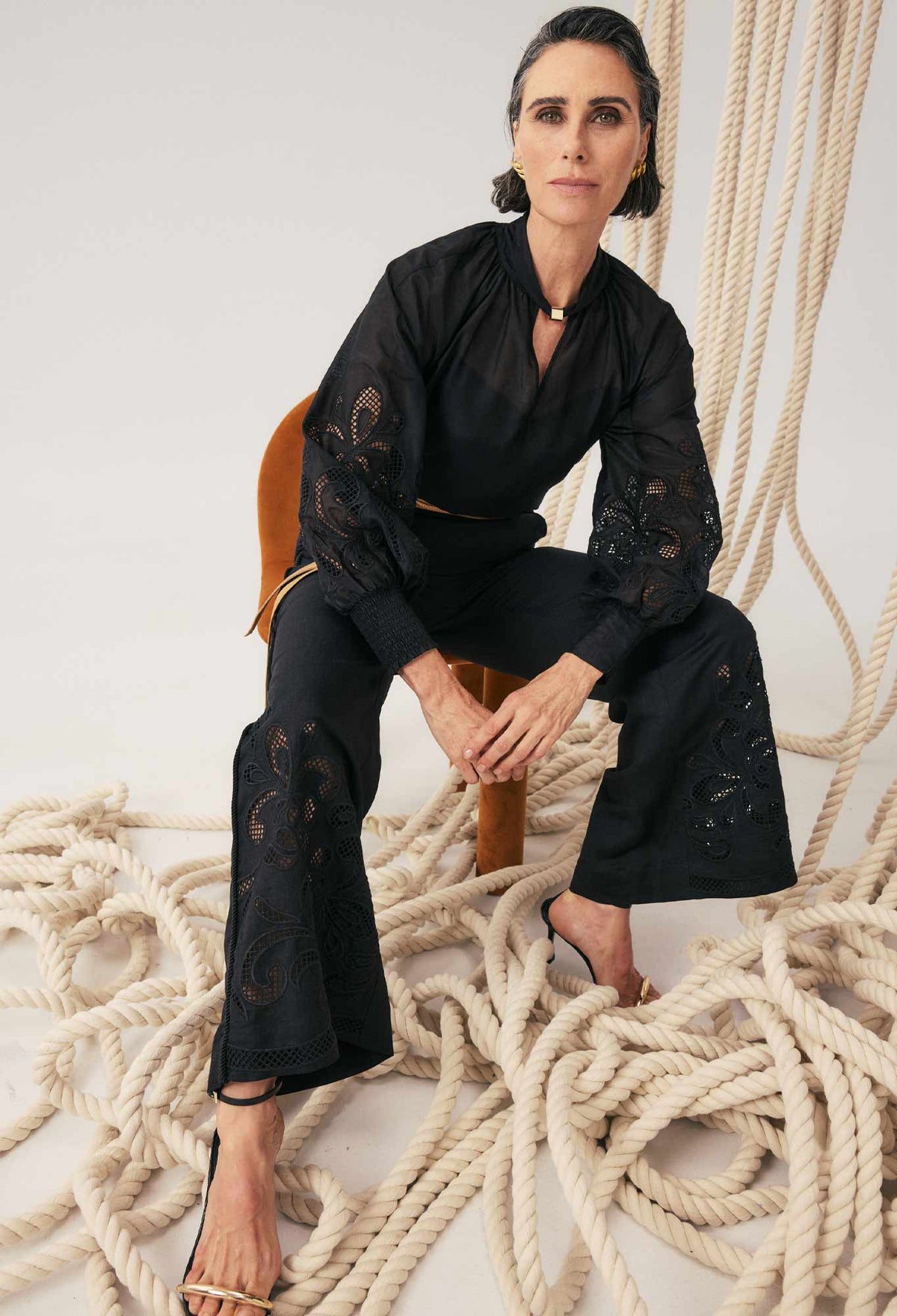 Once Was Rhea Linen Viscose Placement Embroidered Pant - Black