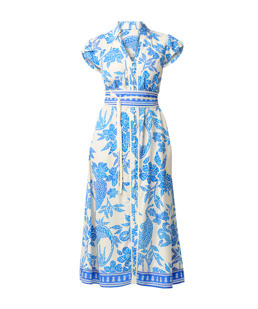 Once Was Callista Placement Print Viscose Dobby Petal Sleeve Dress - Azure Mosai