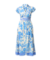 Once Was Callista Placement Print Viscose Dobby Petal Sleeve Dress - Azure Mosai