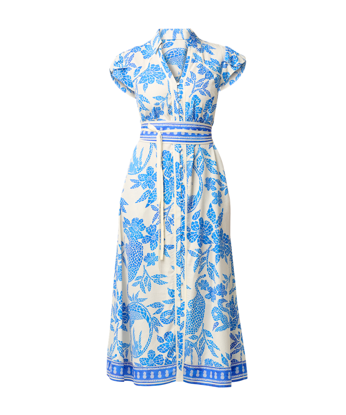 Once Was Callista Placement Print Viscose Dobby Petal Sleeve Dress - Azure Mosai