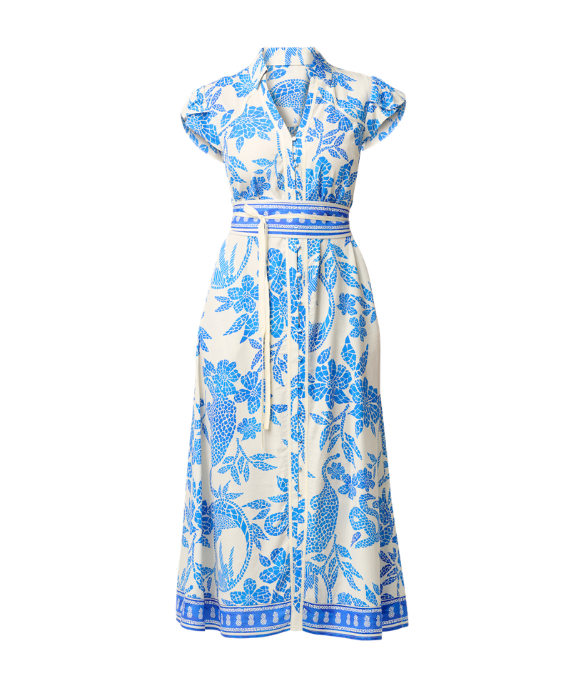 Once Was Callista Placement Print Viscose Dobby Petal Sleeve Dress - Azure Mosai