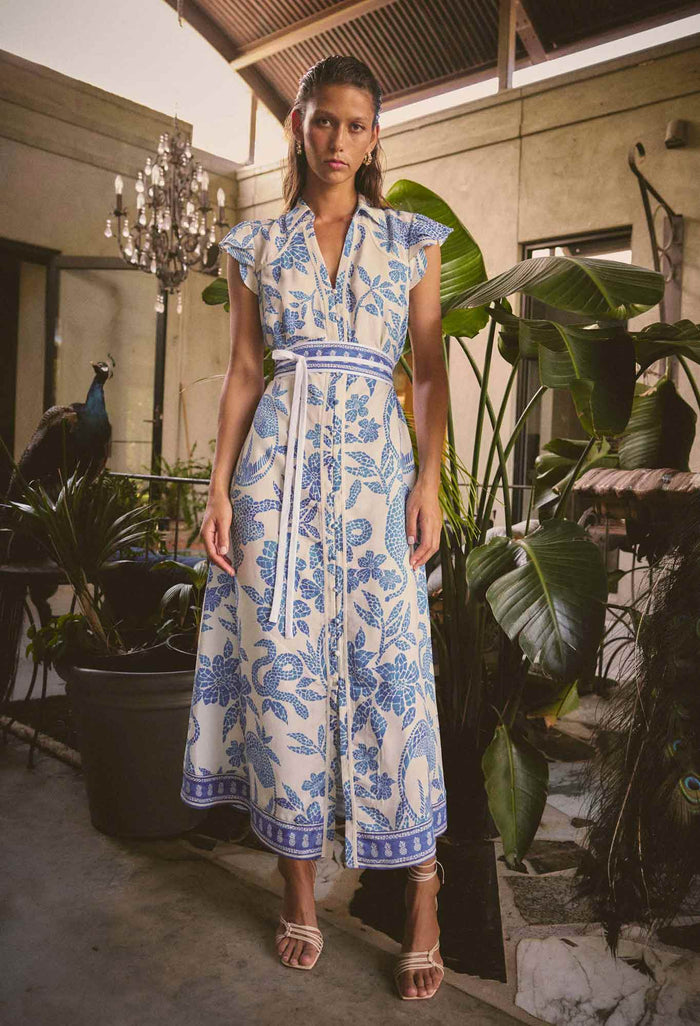Once Was Callista Placement Print Viscose Dobby Petal Sleeve Dress - Azure Mosai