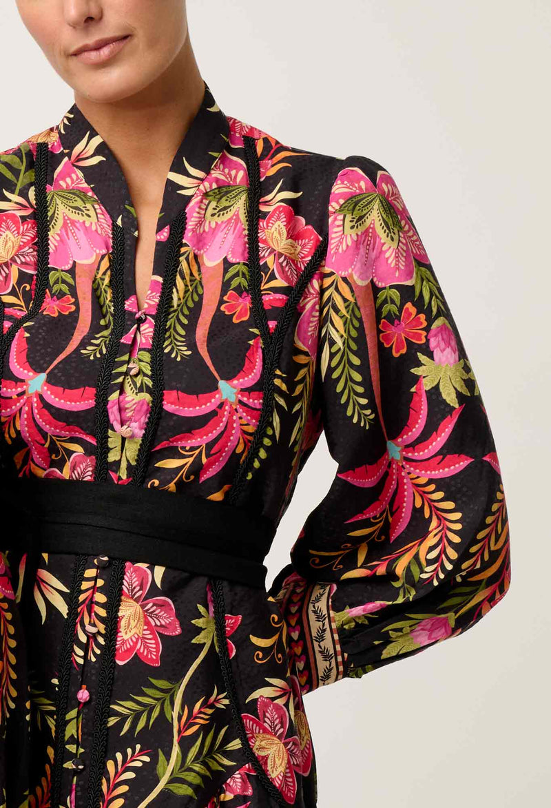 Once Was Aurelia Viscose Dobby Lace Trim Placement Print Dress - Anthos Iotos