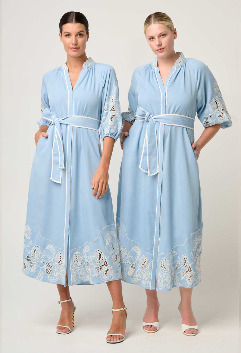 Once Was Amara Tencel Placement Embroidered Maxi Dress - Blue Haze