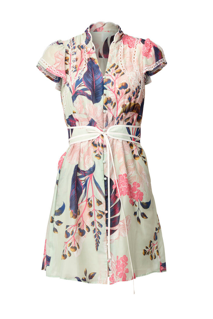 Once Was Nisreen Silk Cotton Embroidered Flutter Sleeve Dress - Oasis Flora