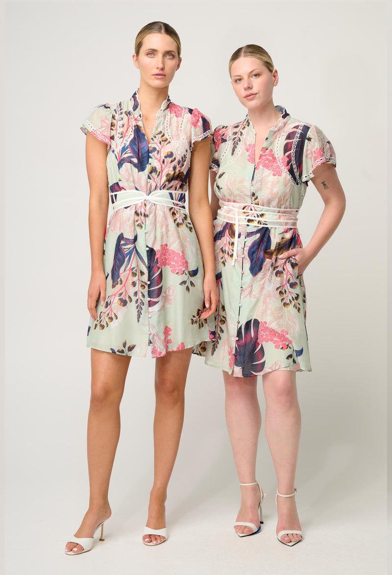 Once Was Nisreen Silk Cotton Embroidered Flutter Sleeve Dress - Oasis Flora