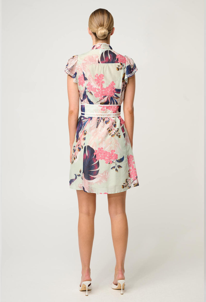 Once Was Nisreen Silk Cotton Embroidered Flutter Sleeve Dress - Oasis Flora