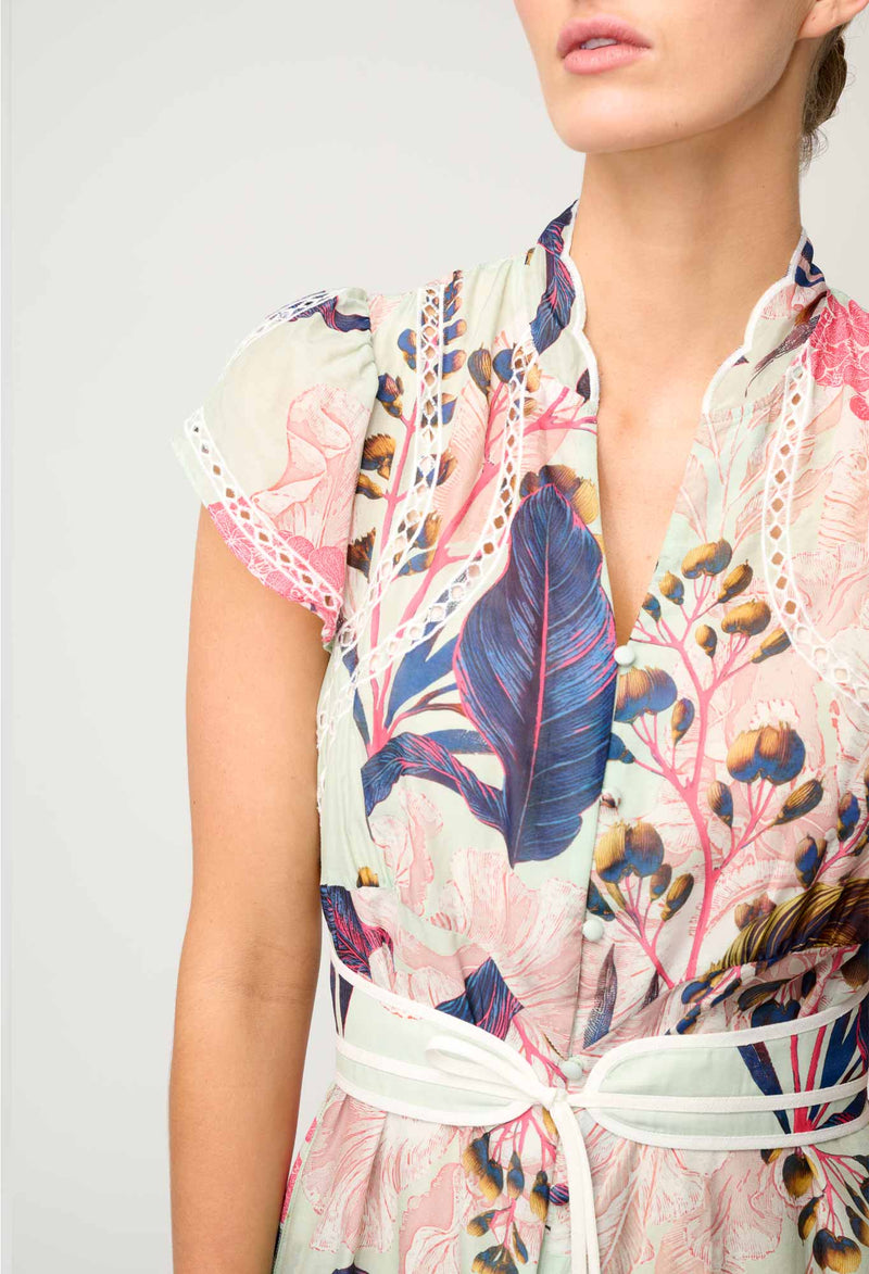 Once Was Nisreen Silk Cotton Embroidered Flutter Sleeve Dress - Oasis Flora