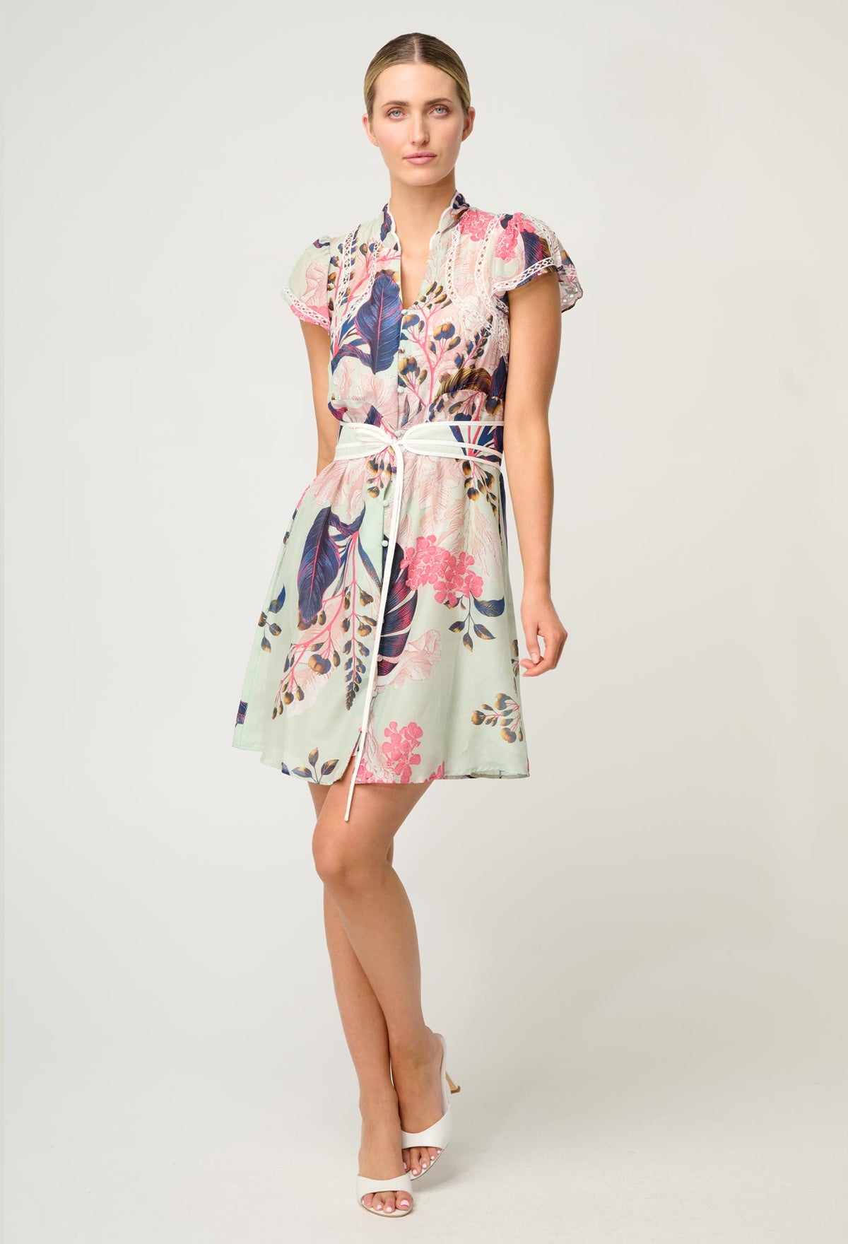 Once Was Nisreen Silk Cotton Embroidered Flutter Sleeve Dress - Oasis Flora