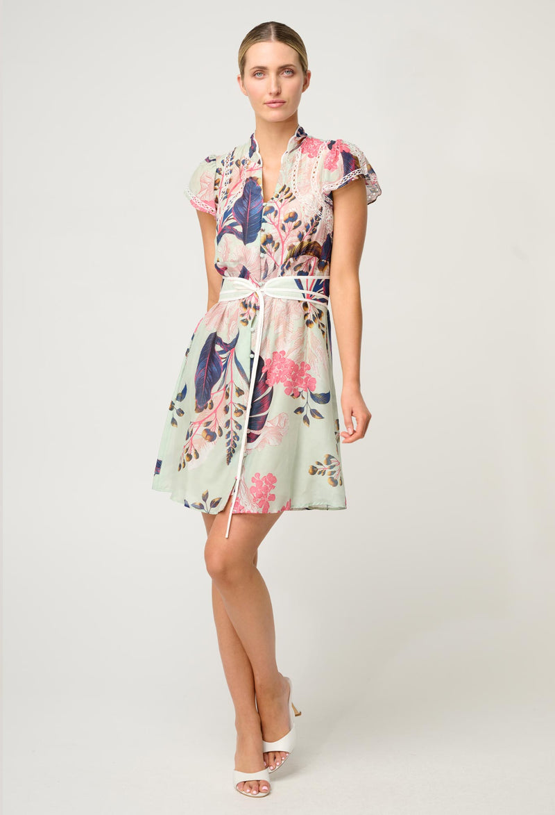 Once Was Nisreen Silk Cotton Embroidered Flutter Sleeve Dress - Oasis Flora