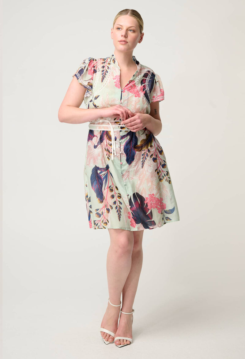 Once Was Nisreen Silk Cotton Embroidered Flutter Sleeve Dress - Oasis Flora