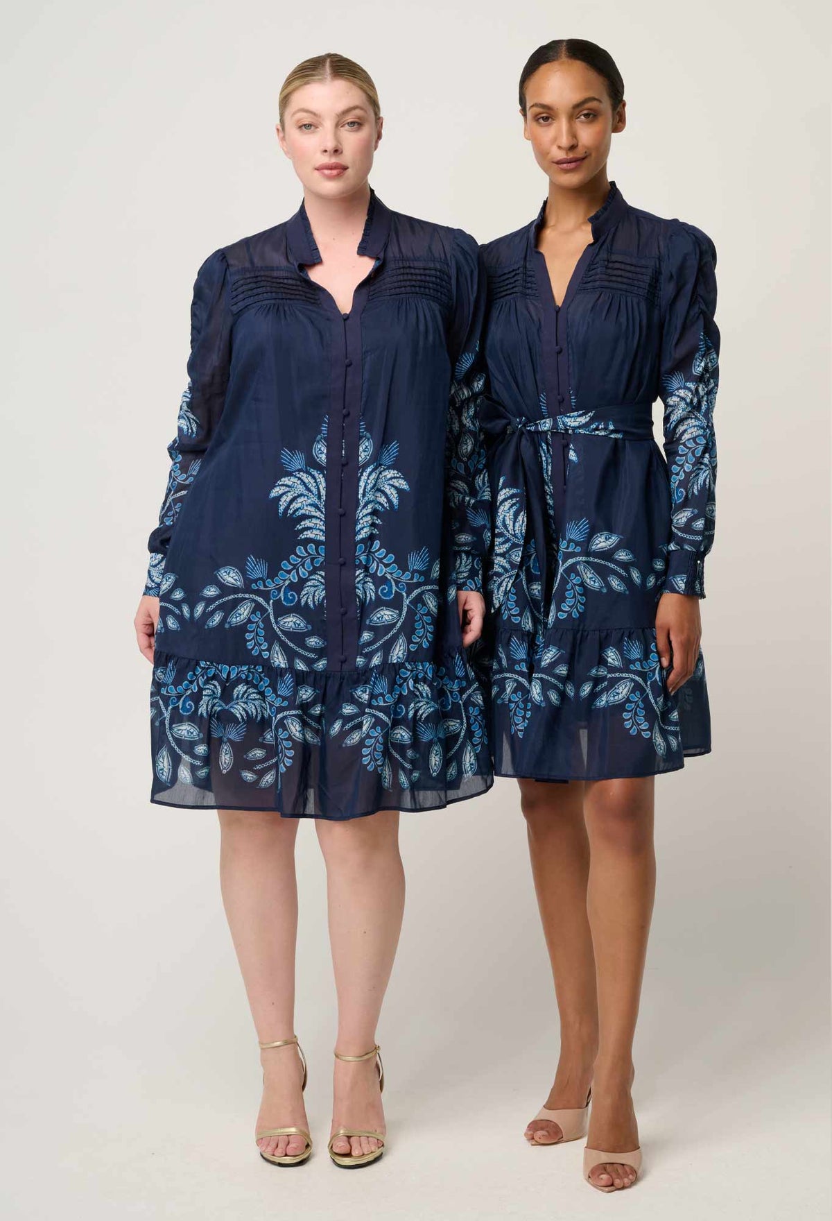 Once Was Lanae Cotton Silk Placement Print Ruched Sleeve Dress - Moonlit Batik