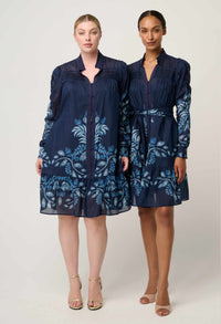 Once Was Lanae Cotton Silk Placement Print Ruched Sleeve Dress - Moonlit Batik