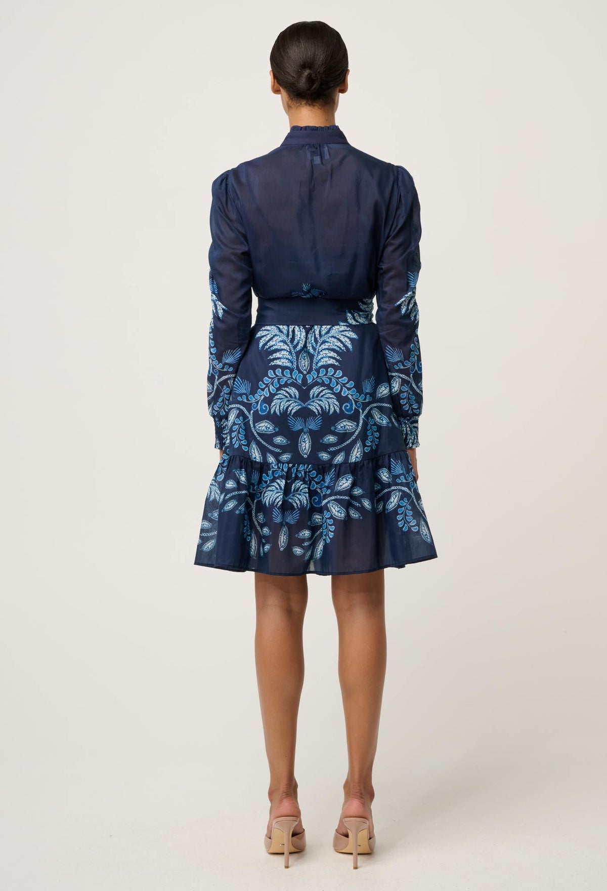 Once Was Lanae Cotton Silk Placement Print Ruched Sleeve Dress - Moonlit Batik