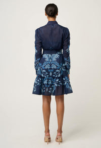 Once Was Lanae Cotton Silk Placement Print Ruched Sleeve Dress - Moonlit Batik
