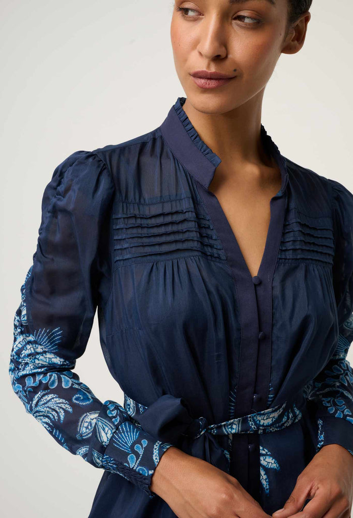 Once Was Lanae Cotton Silk Placement Print Ruched Sleeve Dress - Moonlit Batik