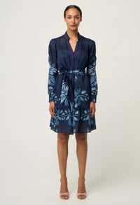 Once Was Lanae Cotton Silk Placement Print Ruched Sleeve Dress - Moonlit Batik