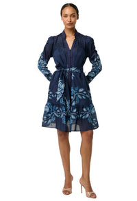 Once Was Lanae Cotton Silk Placement Print Ruched Sleeve Dress - Moonlit Batik