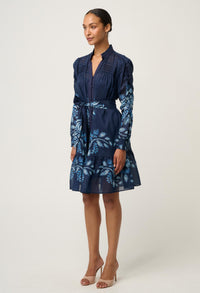 Once Was Lanae Cotton Silk Placement Print Ruched Sleeve Dress - Moonlit Batik